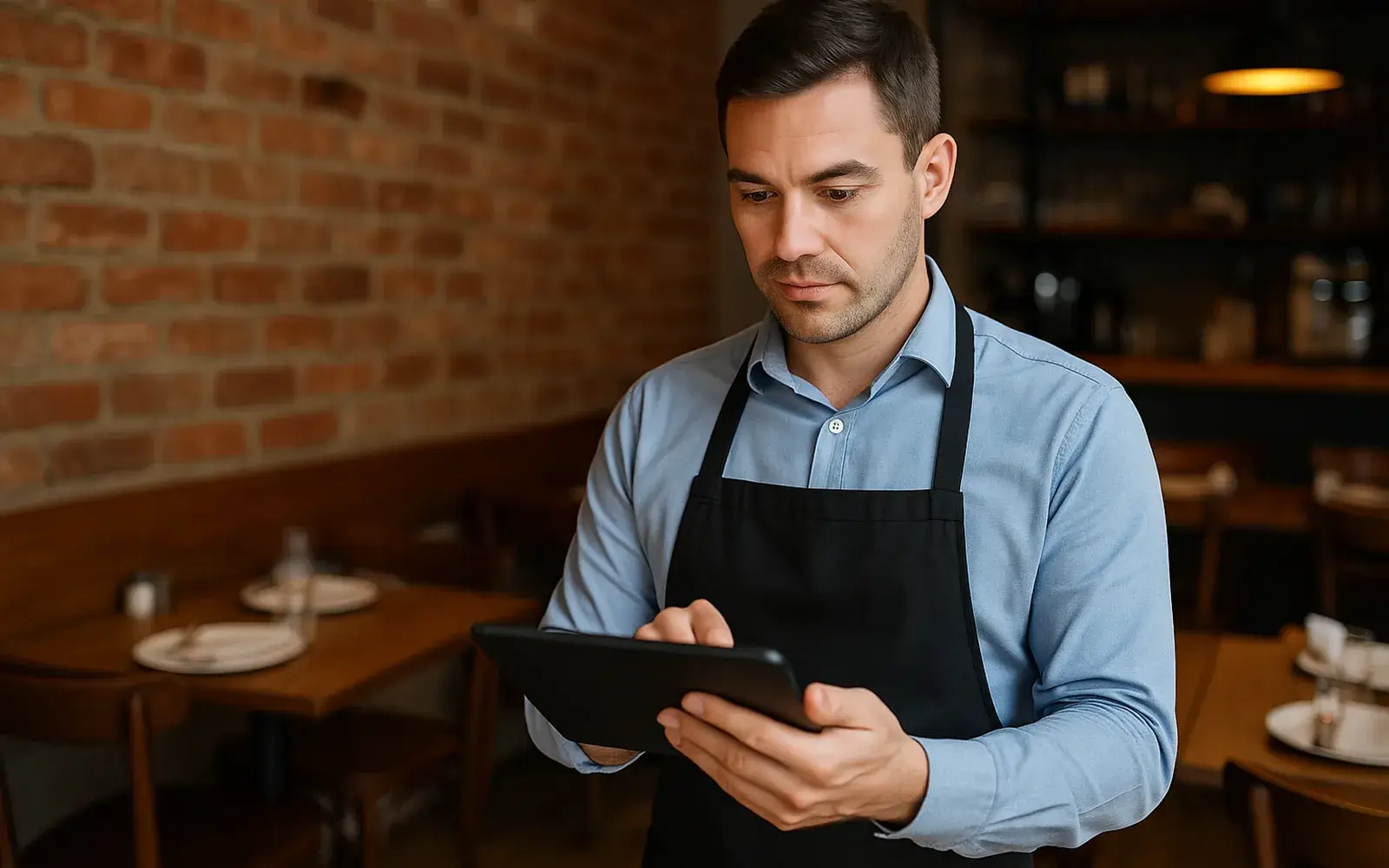 Restaurant manager looking at his tablet