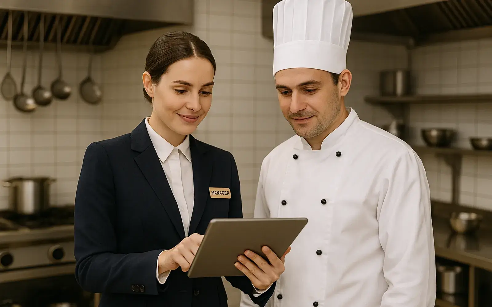 Chef and manager looking at a tablet device