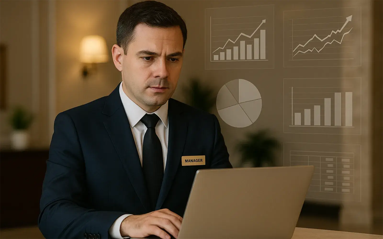 A hotel manager looking at his laptop with charts in the air